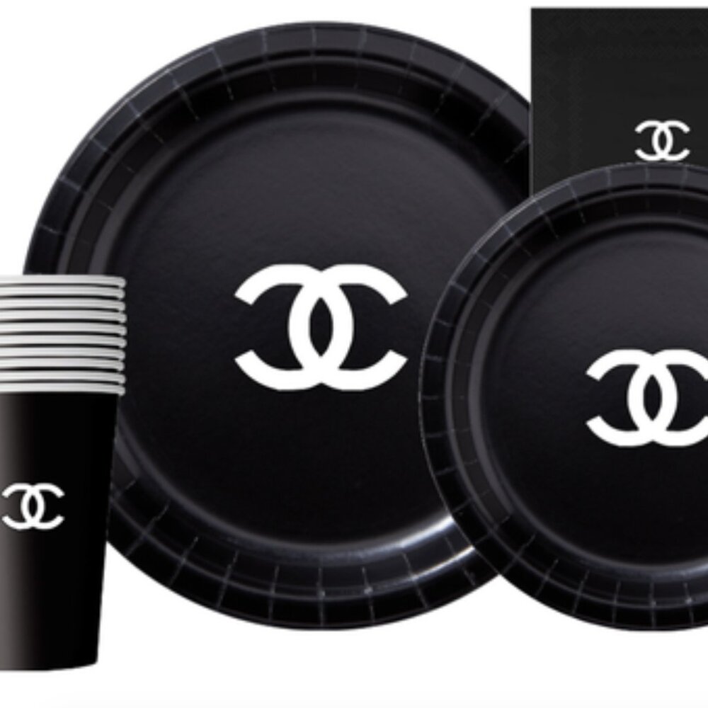 Custom Fashion Party Paper Plates, Napkins and Cups Set, Black with White, 60pcs
